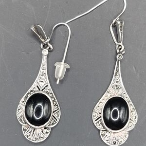 Vintage 925 Silver Marcasite Black Onyx Dangle Earrings
